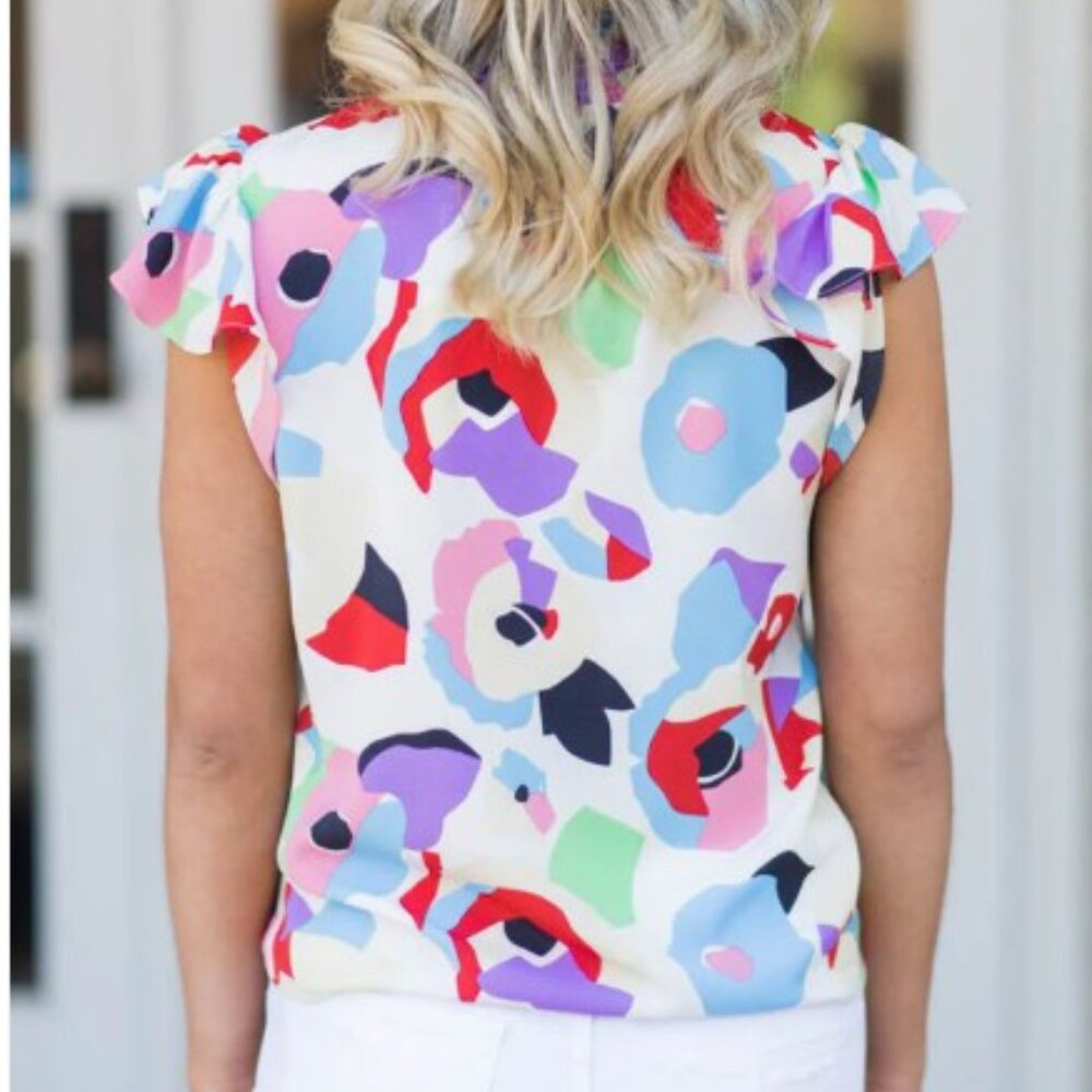 THML Colorful Smocked Mock Neck Ruffled Cap Abstract Print Blouse Sz M - Picture 2 of 9